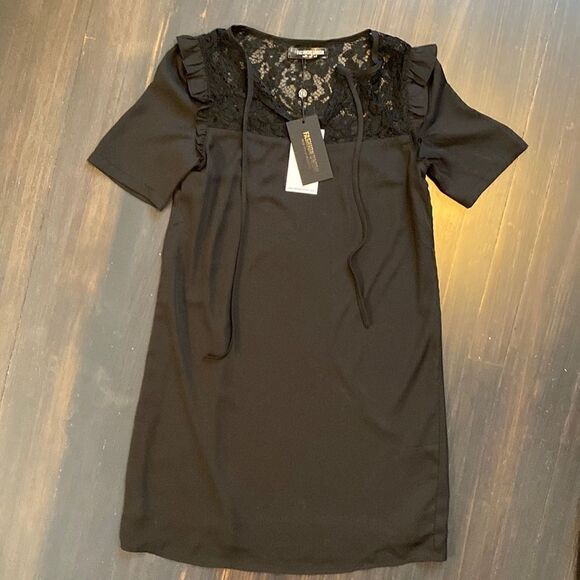 𝅺FASHION Union Chiffon And Lace Dress Black Short Sleeve NWT - Picture 1 of 6